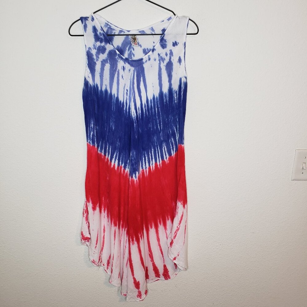 India Boutique Women's Sz OS Tie Die Red White & Blue Lightweight Tunic Dress